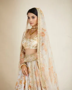 Off White Silk Floral Lehenga Set
