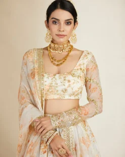 Off White Silk Floral Lehenga Set