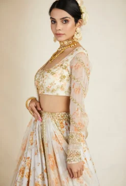 Off White Silk Floral Lehenga Set