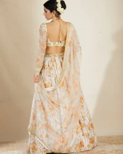 Off White Silk Floral Lehenga Set
