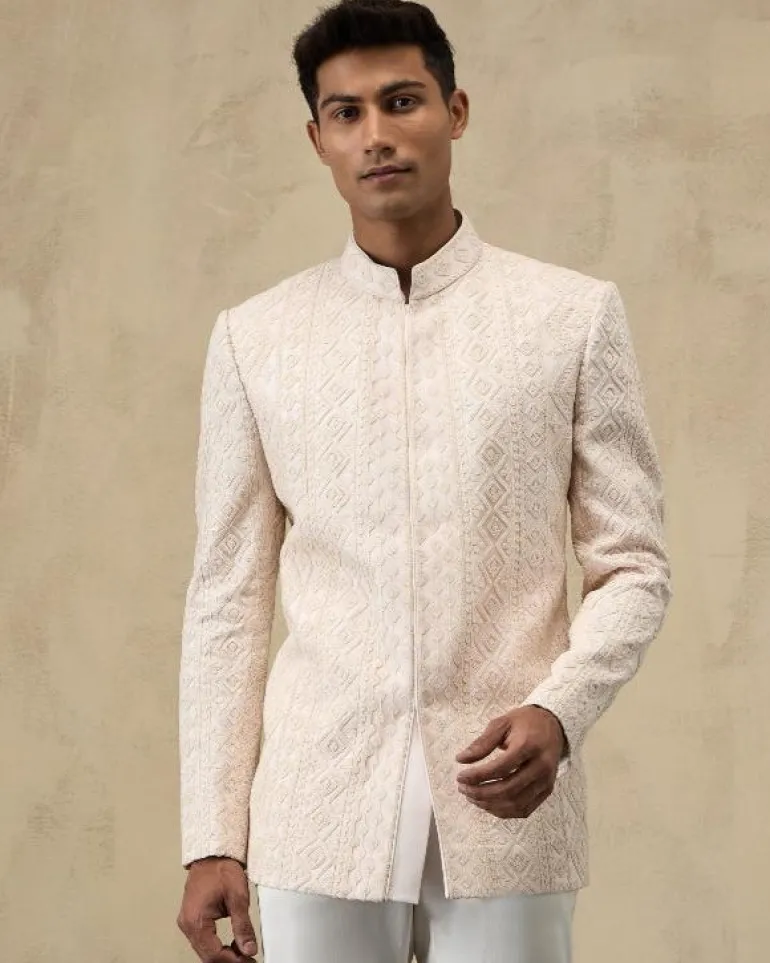 Off White Vertical Dori Bandhgala Set