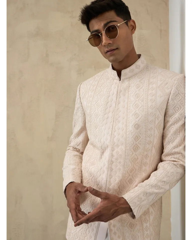 Off White Vertical Dori Bandhgala Set