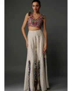 Off-White Embroidered Back Tie-Up Choli With Sharara Set