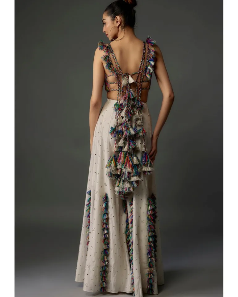 Off-White Embroidered Back Tie-Up Choli With Sharara Set
