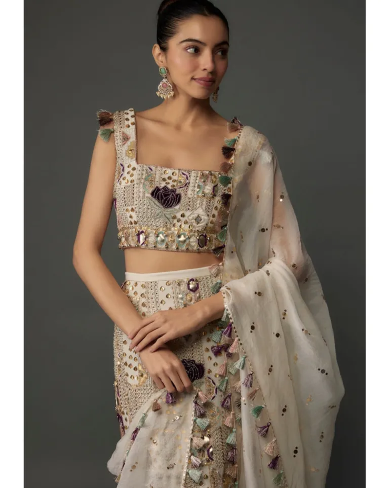 Off-White Embroidered Choli And Skirt Set