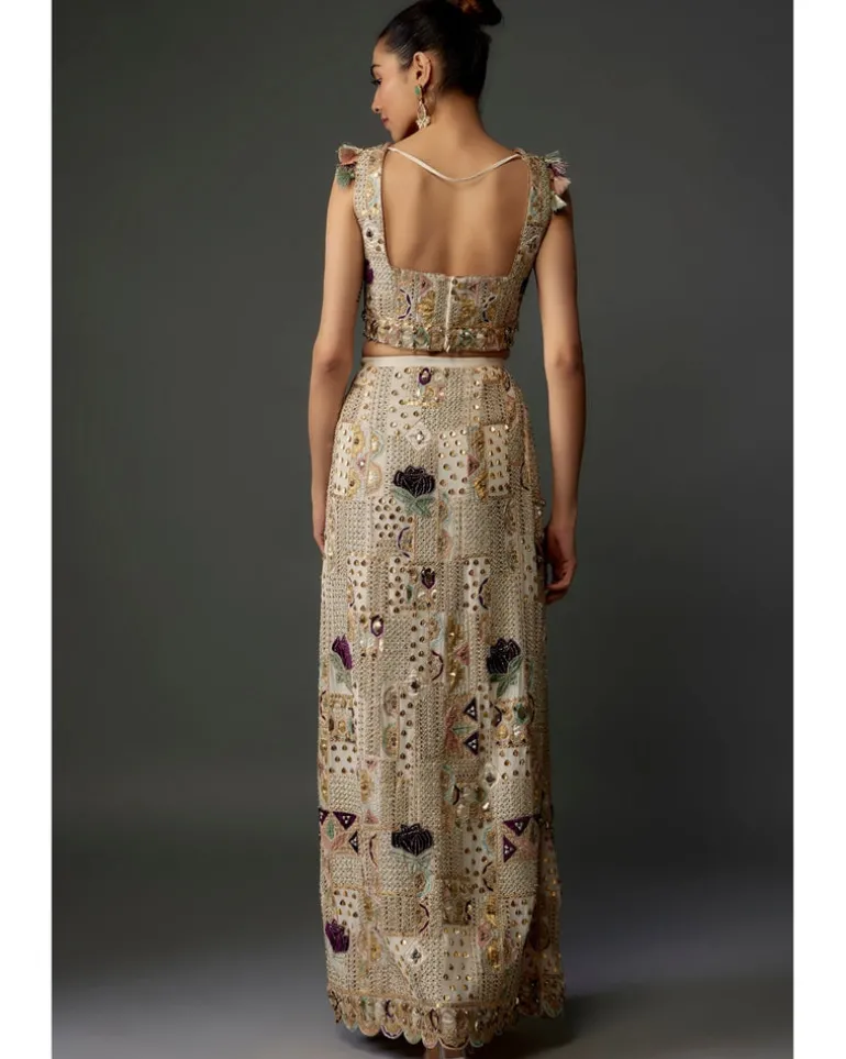 Off-White Embroidered Choli And Skirt Set