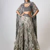 Off-White Printed & Embroidered Dupatta Cape & Circular Pant Set