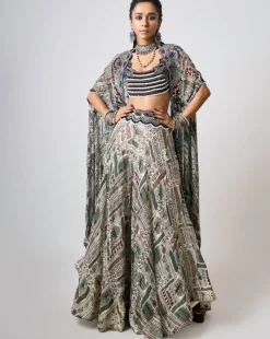 Off-White Printed & Embroidered Dupatta Cape & Circular Pant Set