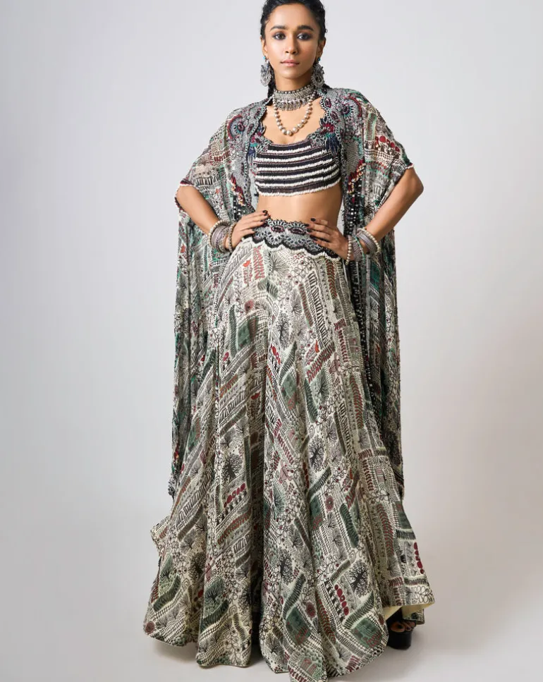 Off-White Printed & Embroidered Dupatta Cape & Circular Pant Set