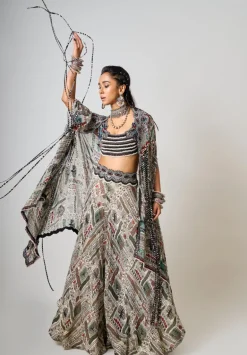 Off-White Printed & Embroidered Dupatta Cape & Circular Pant Set