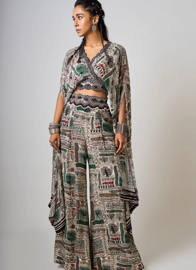 Off-White Printed & Hand-Embroidered Long Kaftan Top With Pant Set