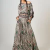 Off-White Printed & Hand-Embroidered Off Shoulder Top With Circular Pants Set
