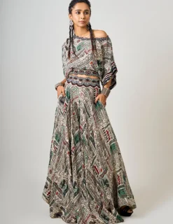 Off-White Printed & Hand-Embroidered Off Shoulder Top With Circular Pants Set