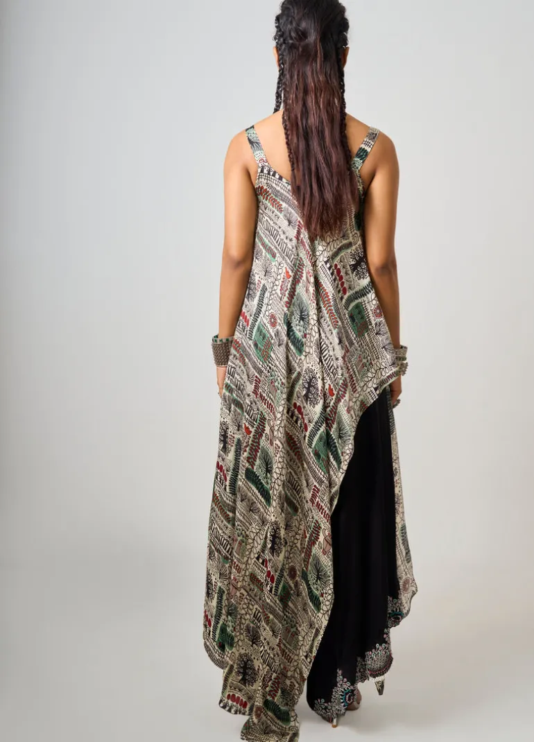 Off-White Printed & Hand Embroidered Singlet With Black Drape Pant Set