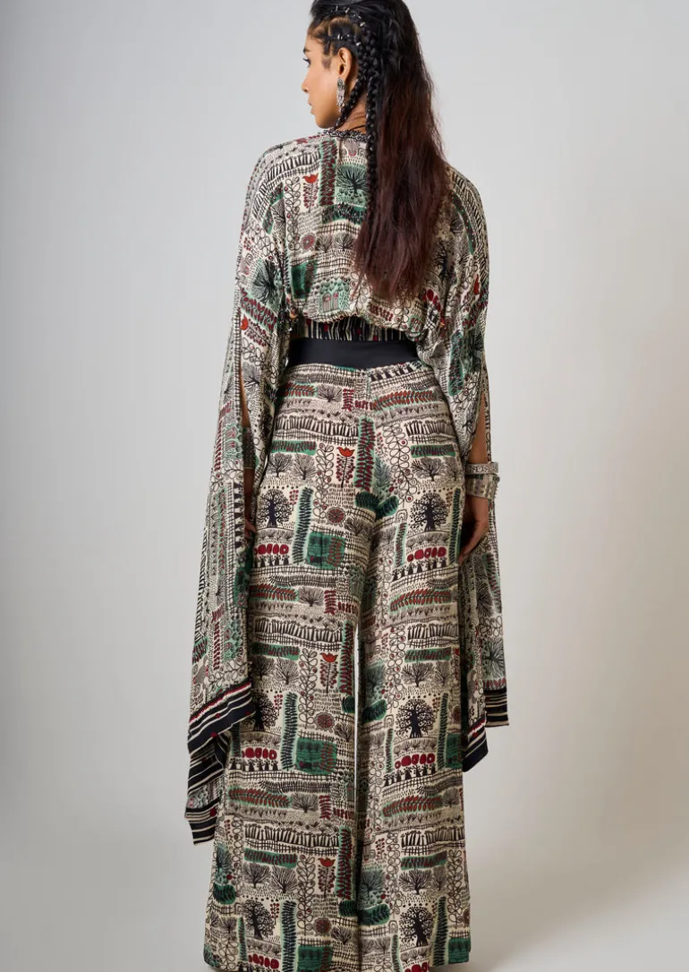 Off-White Printed & Hand-Embroidered Long Kaftan Top With Pant Set