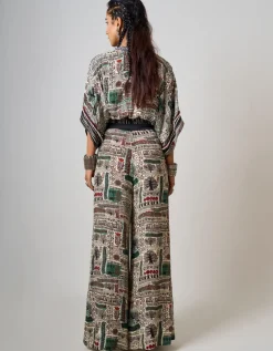 Off-White Printed & Hand-Embroidered Kaftan Top With Pant Set