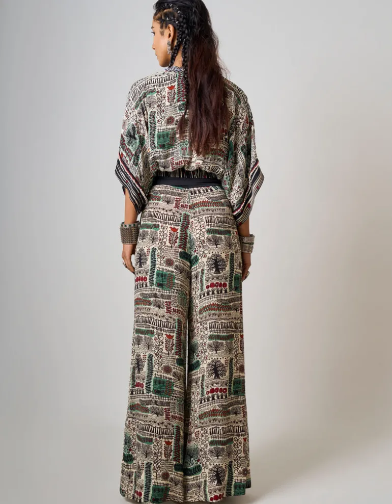Off-White Printed & Hand-Embroidered Kaftan Top With Pant Set