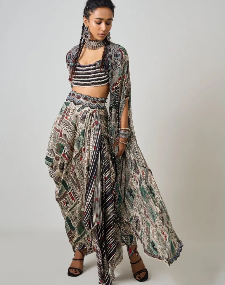 Off-White Printed & Hand Embroidered Dupatta Cape With Cowl Skirt Set