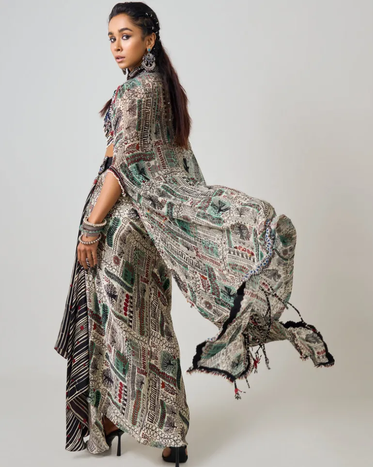 Off-White Printed & Hand Embroidered Dupatta Cape With Cowl Skirt Set