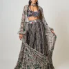 Off-White Printed Tiered Jacket With Black Printed & Hand-Embroidered A-Line Pant Set