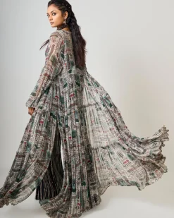 Off-White Printed Tiered Jacket With Black Printed & Hand-Embroidered A-Line Pant Set