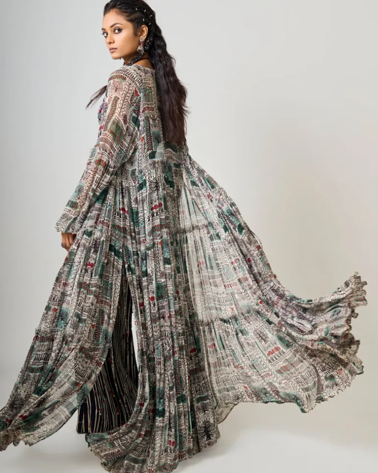 Off-White Printed Tiered Jacket With Black Printed & Hand-Embroidered A-Line Pant Set