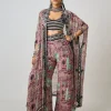 Old Rose Printed & Hand-Embroidered Kaftan Jacket Pants Set