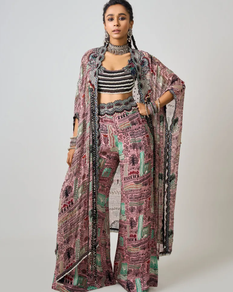 Old Rose Printed & Hand-Embroidered Kaftan Jacket Pants Set