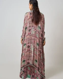 Old Rose Printed & Hand-Embroidered Kaftan Jacket Pants Set