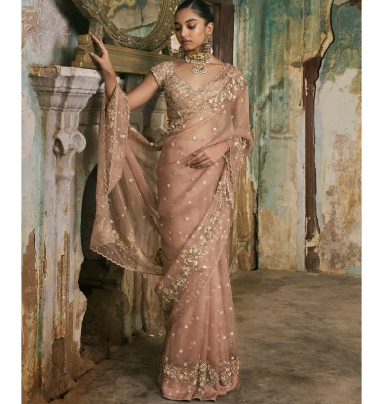 Old Rose Sequin And Moti Work Sari Set