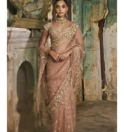 Old Rose Sequin And Moti Work Sari Set