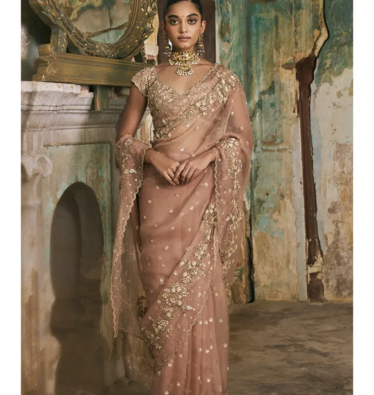 Old Rose Sequin And Moti Work Sari Set