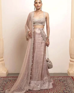 Old Rose Silk Tissue Godet Sari Set
