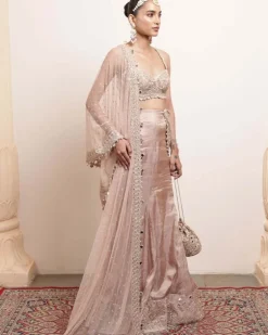 Old Rose Silk Tissue Godet Sari Set
