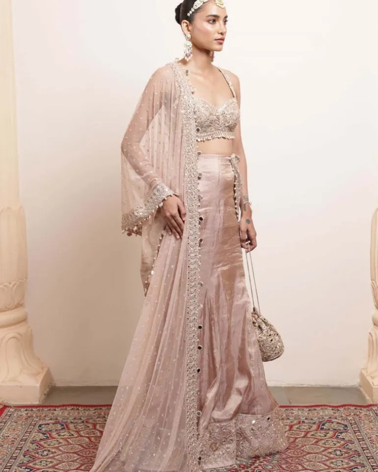 Old Rose Silk Tissue Godet Sari Set