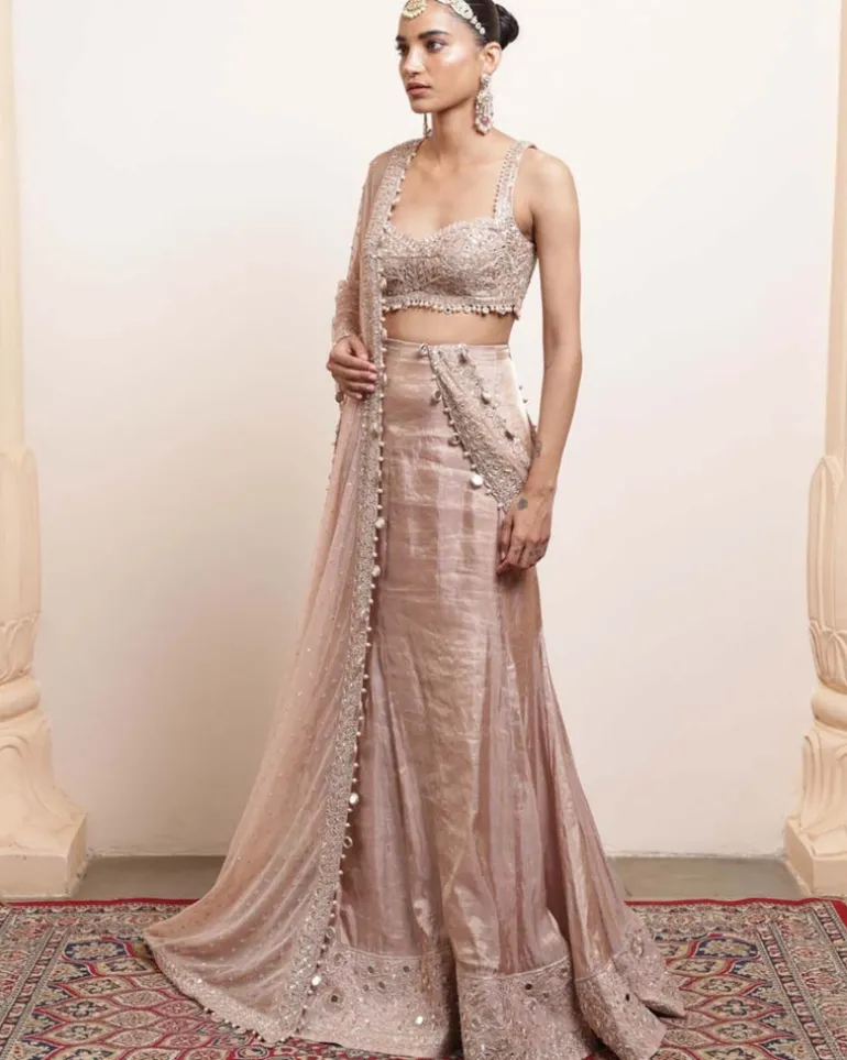 Old Rose Silk Tissue Godet Sari Set