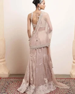 Old Rose Silk Tissue Godet Sari Set