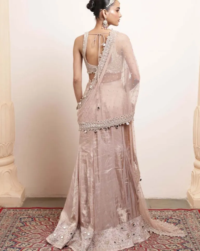 Old Rose Silk Tissue Godet Sari Set