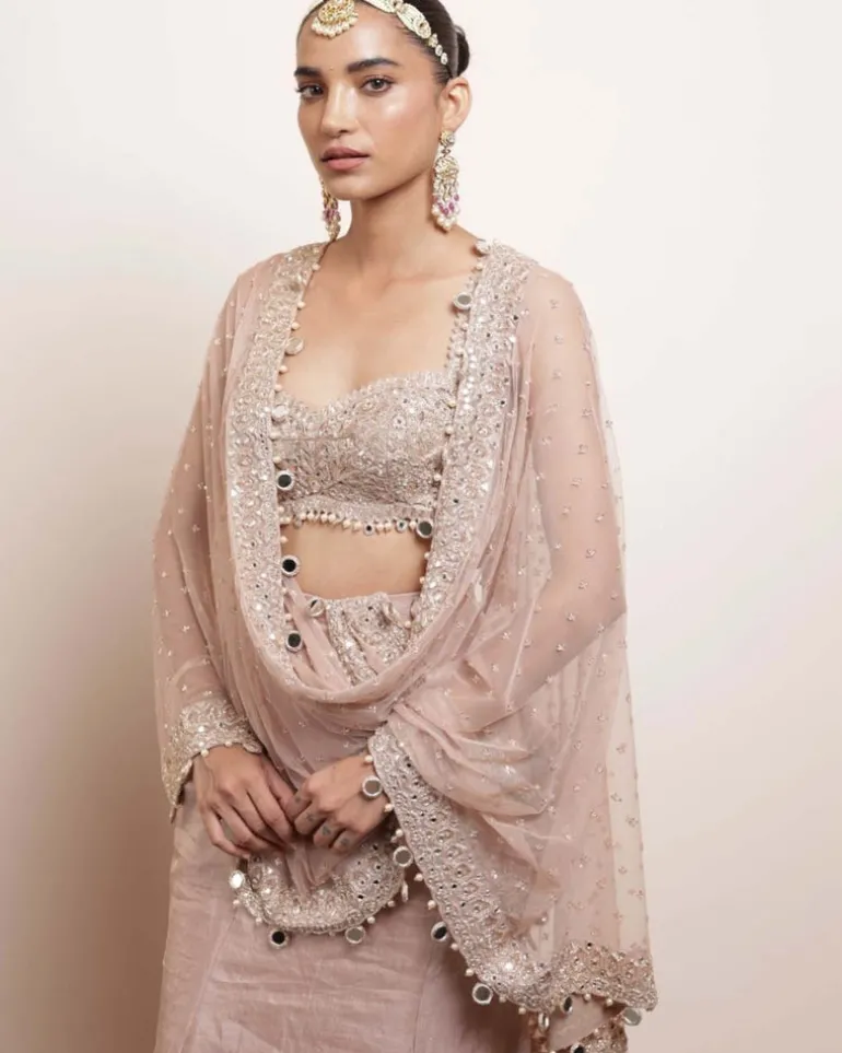 Old Rose Silk Tissue Godet Sari Set