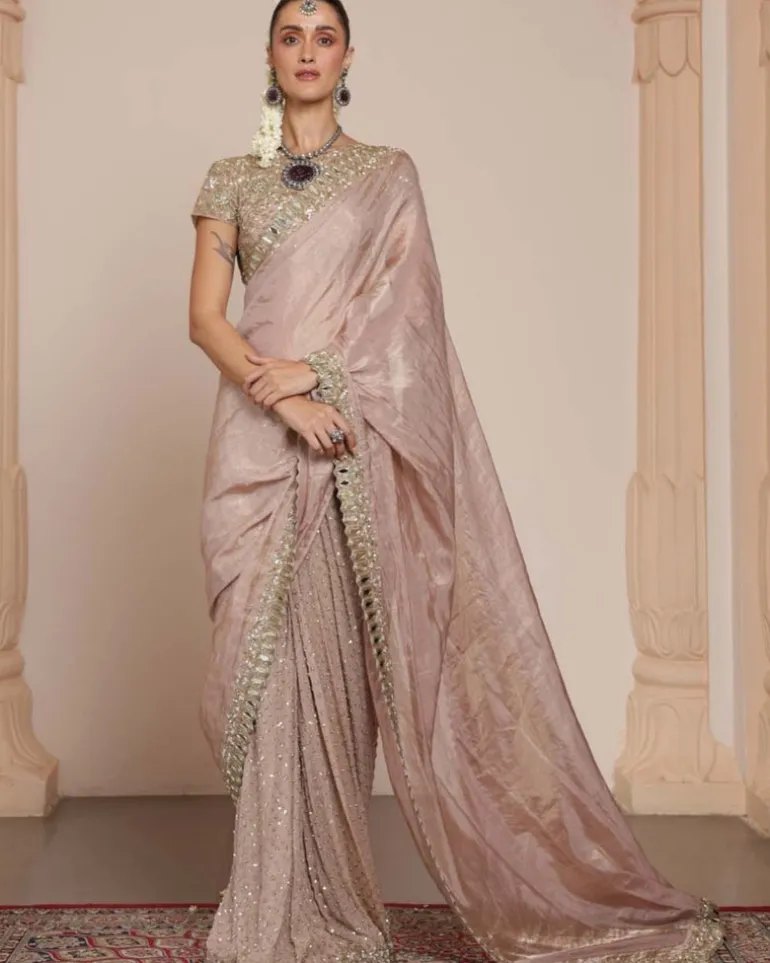 Old Rose Silk Tissue Sari Set