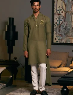 Olive Blended Asymmetric Goe Dragon Kurta Set