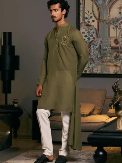 Olive Blended Asymmetric Goe Dragon Kurta Set