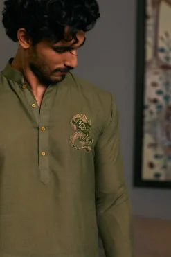 Olive Blended Asymmetric Goe Dragon Kurta Set
