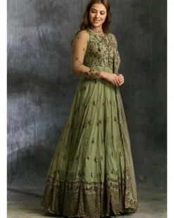 Olive Green Anarkali With Dupatta And Belt