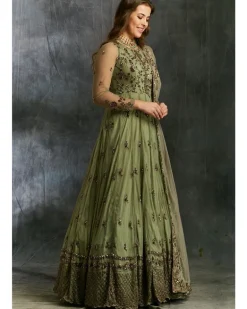 Olive Green Anarkali With Dupatta And Belt