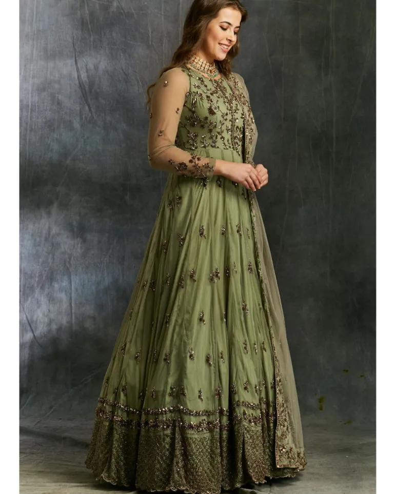 Olive Green Anarkali With Dupatta And Belt