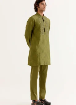 Olive Green Block Printed Dori Embroidered Kurta Set