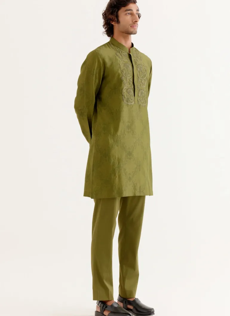 Olive Green Block Printed Dori Embroidered Kurta Set