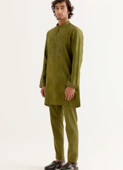 Olive Green Block Printed Dori Embroidered Kurta Set