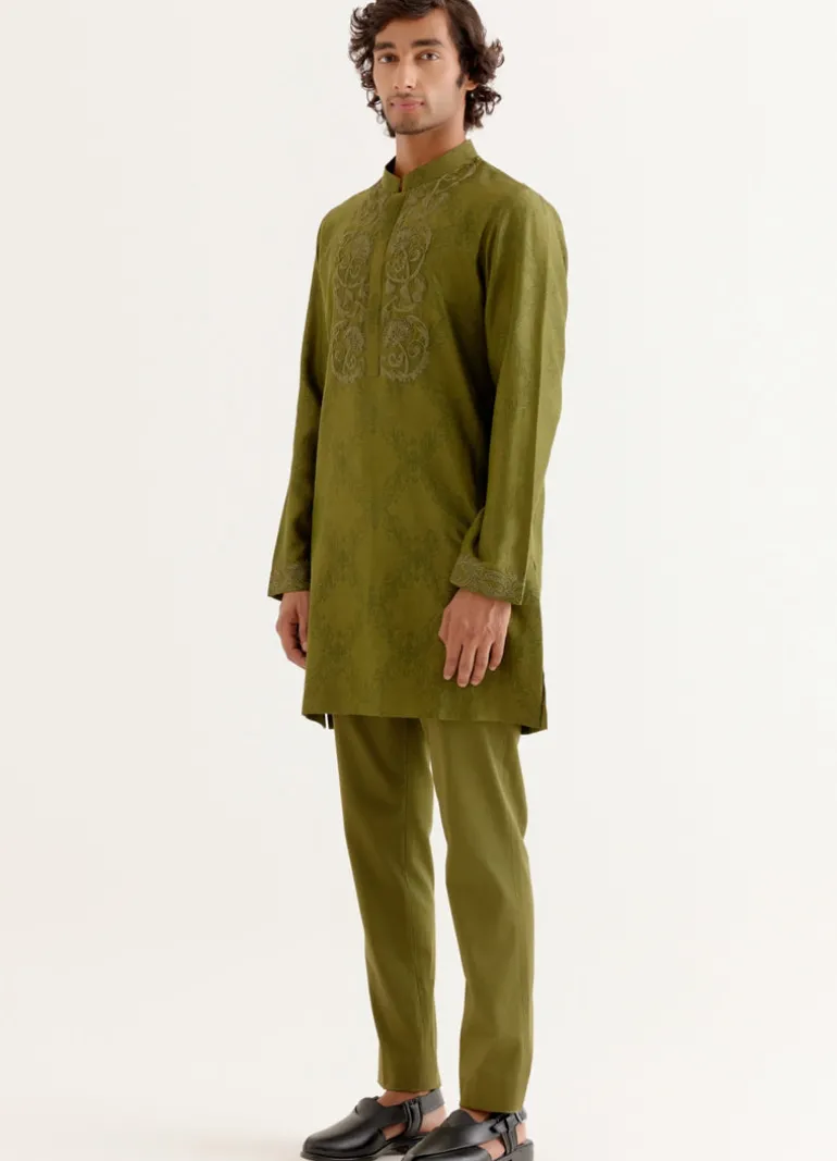 Olive Green Block Printed Dori Embroidered Kurta Set